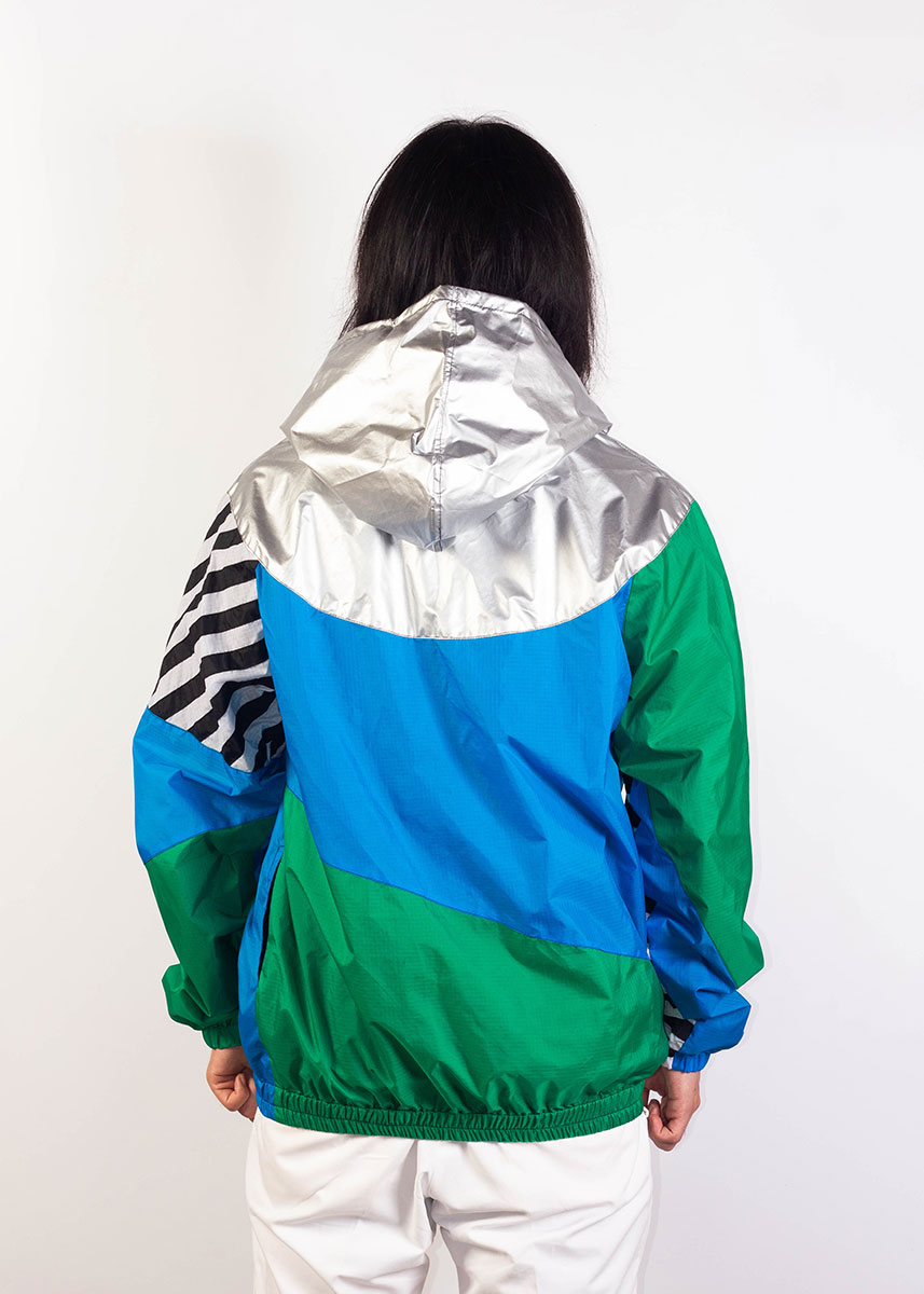 Silver Hood Green Blue Windbreaker Jacket