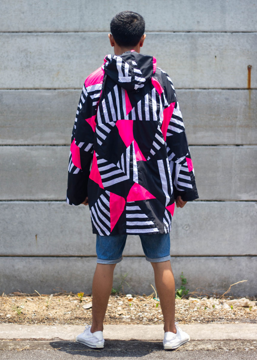 Pink Black Stripe Upcycled Patchwork Long Windbreaker Jacket