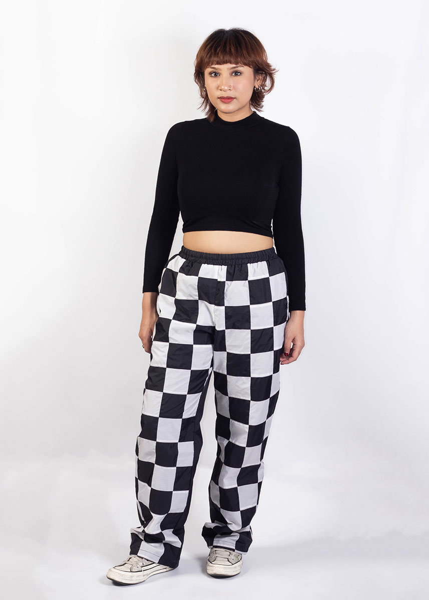 Black And White Checkered Patchwork Windbreaker Pants