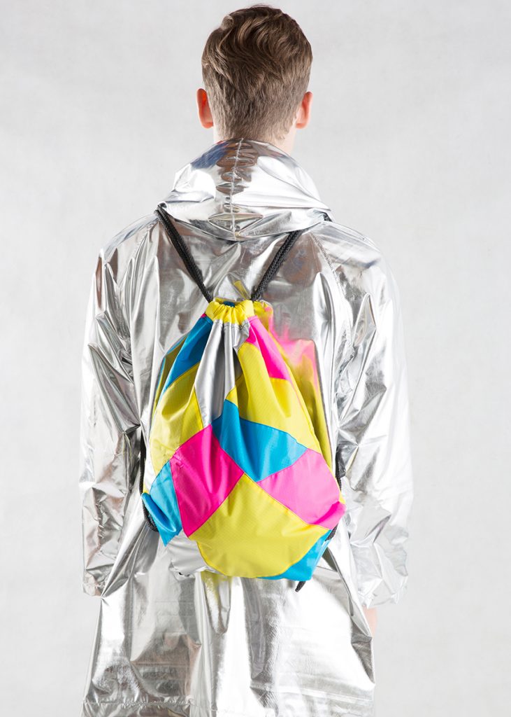 Yellow Pink Silver Drawstring Backpack with silver