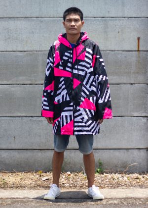 Pink Black Stripe Upcycled Patchwork Long Windbreaker Jacket Front