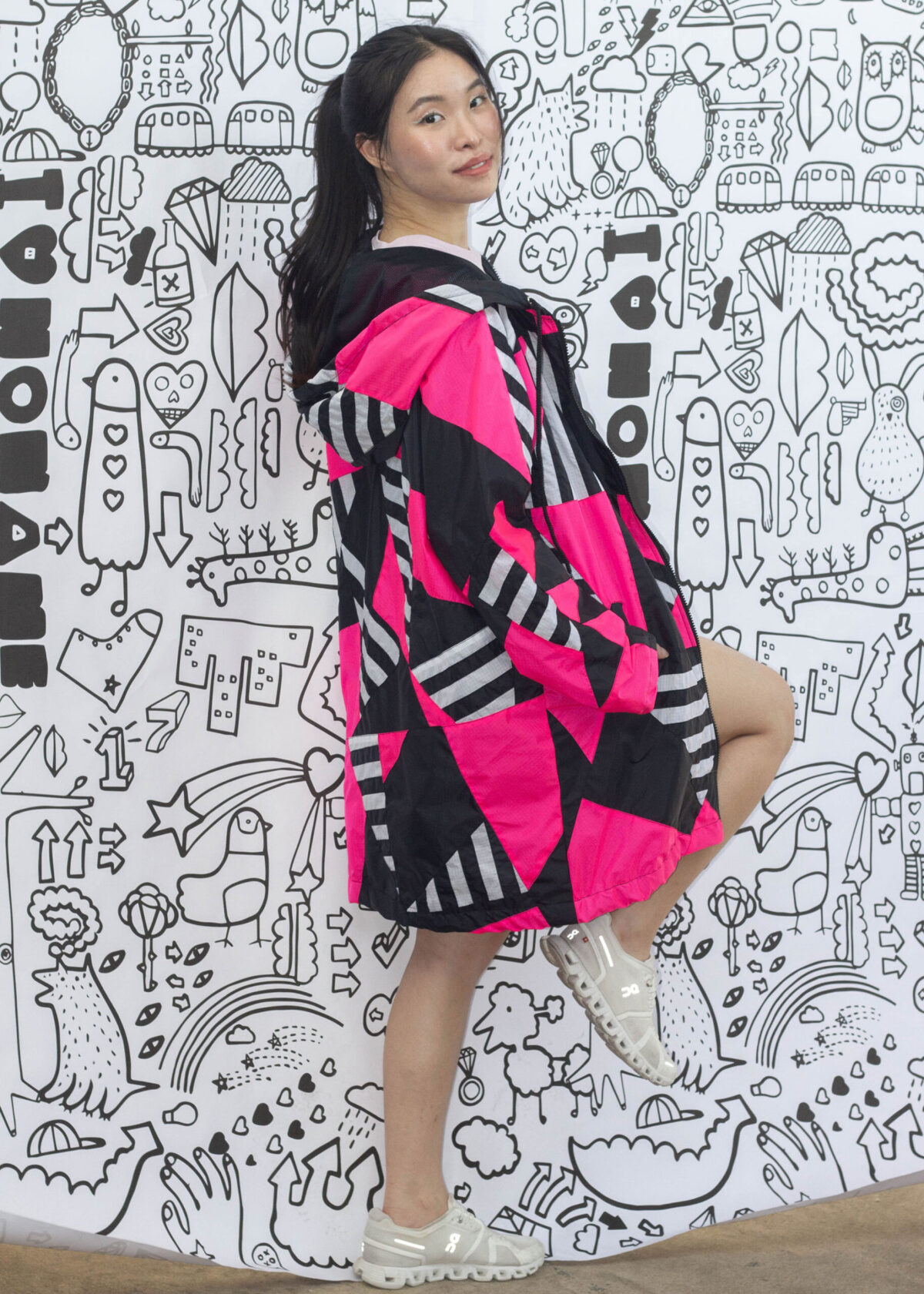 Black Pink Stripe Patchwork Long Windbreaker Jacket