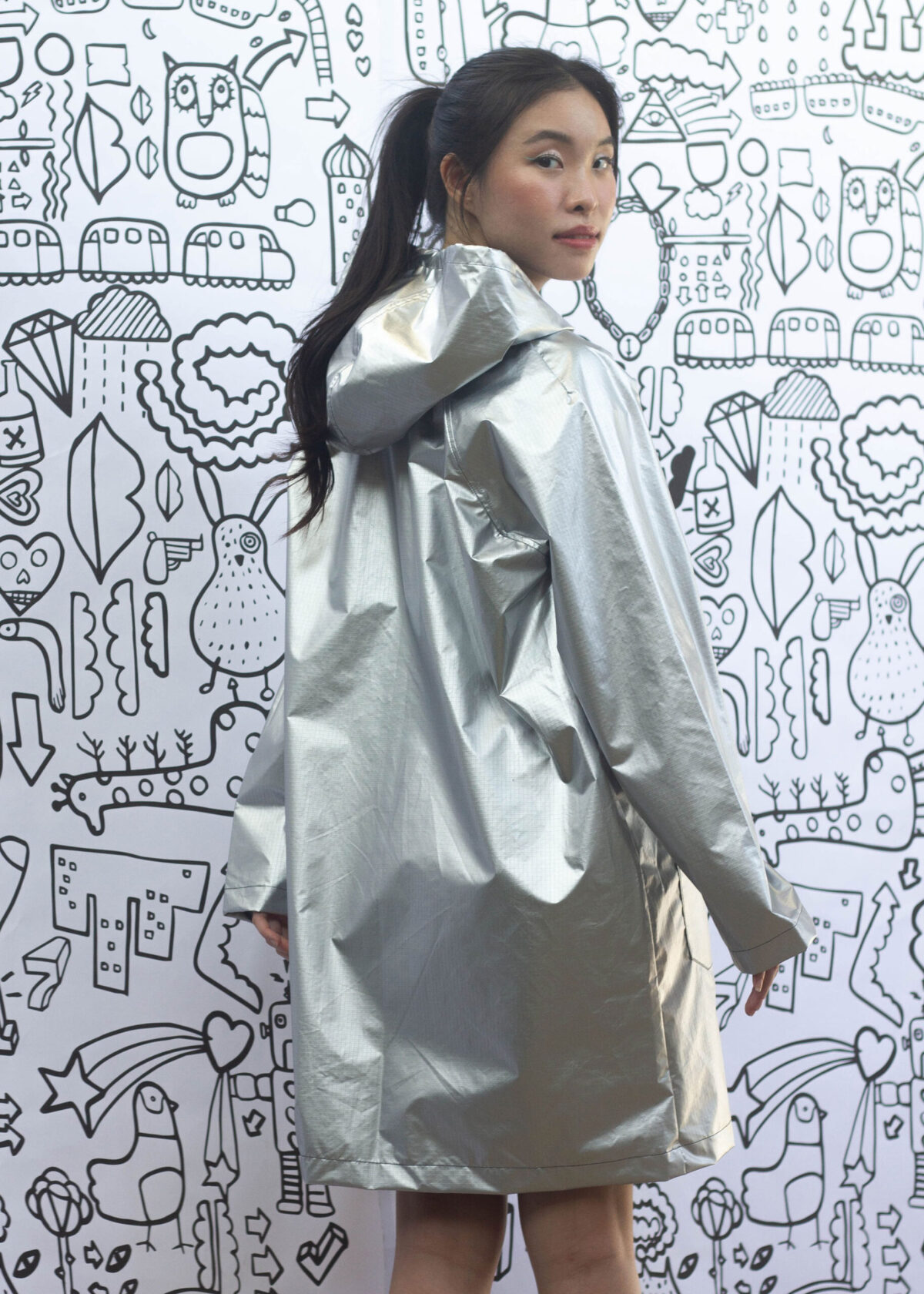 Matte Silver Metallic Long Windbreaker Jacket